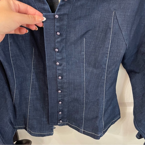 Navy Dark Jean Like Pearl Button-Up Blouse - Picture 5 of 8